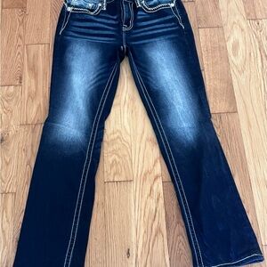 Miss Me Dark Blue Straight Leg Jeans with Contrast Stitching